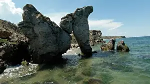 Durdle Door Prints: Aerial view of unusual rock formations on the paradise sea shore