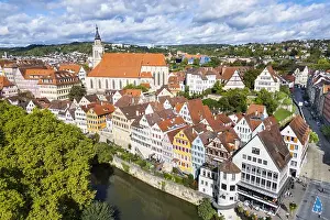 Riverfront Prints: Aerial view of the vibrant, colorful buildings clustered along the Neckar River
