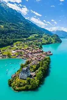 Emerald Prints: Aerial view of the village of Iseltwald on Lake Brienz