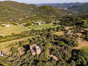 Cevennes Prints: Aerial view of the village of Soudorgues in the Cevennes mountains (South of Massif Central)