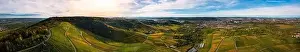 Stuttgart Prints: Aerial view of vineyard landscape with Stuttgart in background, sunrise in autumn