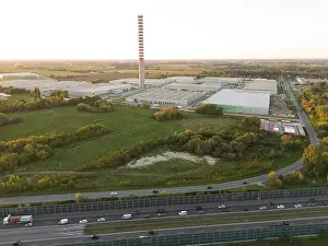 Aerial view of warehouse storages or industrial factory or logistics center from above