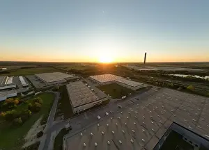 Aerial view of warehouse storages or industrial factory or logistics center from above