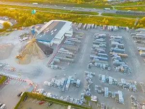 Aerial view of warehouse storages or industrial factory or logistics center from above