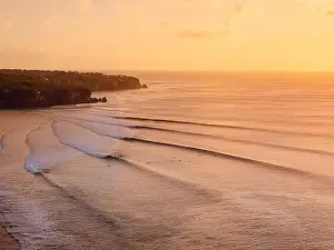 Swell Prints: Aerial view of warm sunset or sunrise and ocean with perfect long waves in Bali