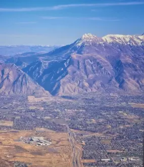 Blue Lakes Prints: Aerial view of Wasatch Front Rocky Mountain landscapes on flight over Colorado and Utah during winter