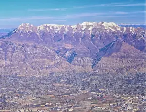 Blue Lakes Prints: Aerial view of Wasatch Front Rocky Mountain landscapes on flight over Colorado and Utah during winter