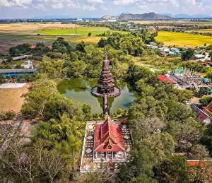 Kaew Prints: Aerial view of Wat Huai Kaeo or Wat Huay Kaew pagoda temple in Lopburi, Thailand