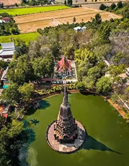 Kaew Prints: Aerial view of Wat Huai Kaeo or Wat Huay Kaew pagoda temple in Lopburi, Thailand