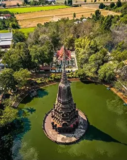 Kaew Prints: Aerial view of Wat Huai Kaeo or Wat Huay Kaew pagoda temple in Lopburi, Thailand