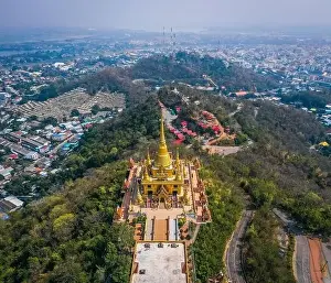 Nakhon Sawan Prints: Aerial view of Wat Khiriwong temple on top of the mountain in Nakhon Sawan, Thailand