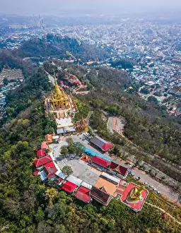 Nakhon Sawan Prints: Aerial view of Wat Khiriwong temple on top of the mountain in Nakhon Sawan, Thailand