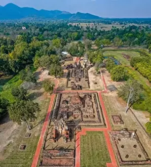 Aerial view of Wat Phrapai Luang temple and ruins in Sukhothai historical park, Thailand