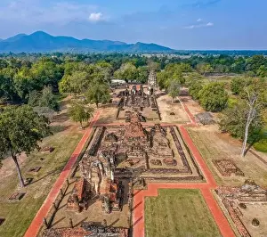 Aerial view of Wat Phrapai Luang temple and ruins in Sukhothai historical park, Thailand