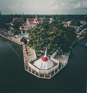 Chao Phraya River Prints: Aerial view of Wat Poramai Yikawat or wat Paramaiyikawat in Koh Kret, Nonthaburi, Thailand