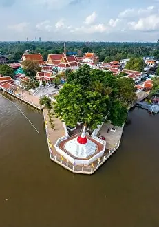 Chao Phraya River Prints: Aerial view of Wat Poramai Yikawat or wat Paramaiyikawat in Koh Kret, Nonthaburi, Thailand