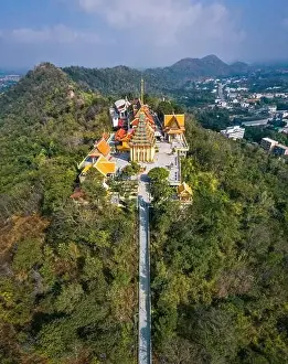 Aerial view of Wat Sangkat Rattana Khiri temple in Uthai Thani, Thailand