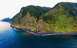 Seixal Prints: Aerial view of a waterfall near Seixal village in the Madeira Islands, Portugal