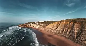 Aerial Beach View Prints: Aerial view of waves on a beautiful sandy ocean beach and cliff