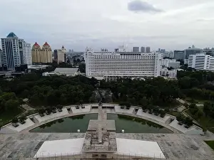 Liberation Prints: Aerial view of West Irian Liberation monument in downtown Jakarta and noise cloud with Jakarta cityscape