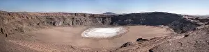 Panoramic Photo Prints: Aerial view of white sodium phosphate crystal surface placed inside maar crater at bright sunlight against blue clear