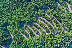 Images Dated 13th June 2019: Aerial view of a winding mountain road passing through a fir trees forest
