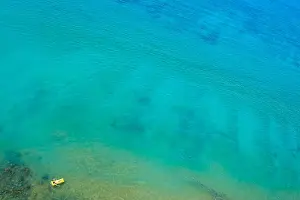 Beachfront Prints: Aerial view of woman swimming and relaxing alone in the ocean