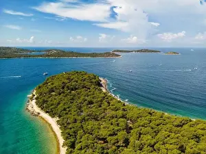 Open Sea Prints: Aerial view of wonderful, green peninsula and white beaches with islands on the horizon at the Rogoznica archipelago