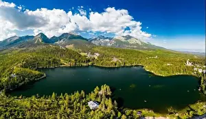 Aerial view of a wonderful mountain lake in National Park High Tatra, Strbske Pleso, Slovakia