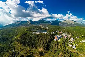 Aerial view of a wonderful mountain lake in National Park High Tatra, Strbske Pleso, Slovakia