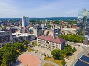 Worcester Prints: Aerial view of Worcester historic center including Worcester City Hall on Main Street with modern skyline at background