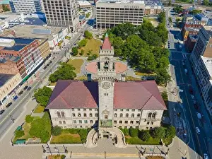 Worcester Prints: Aerial view of Worcester historic center including Worcester City Hall on Main Street with modern skyline at background