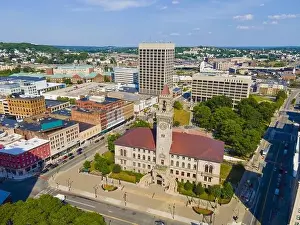 Worcester Prints: Aerial view of Worcester historic center including Worcester City Hall on Main Street with modern skyline at background