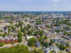 Worcester Prints: Aerial view of Worcester historic downtown at Main Street in summer