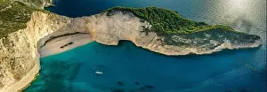 Turquoise Colored Prints: Aerial view of world famous calendar perfect Navagio ship wreck beach in Zakynthos Greece