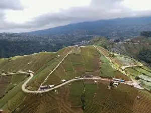 Landmark Tower Prints: Aerial view of World heritage Panyaweuyan rice terraces in Majalengka with noise cloud