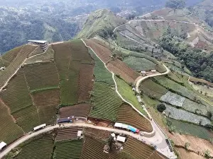 Landmark Tower Prints: Aerial view of World heritage Panyaweuyan rice terraces in Majalengka with noise cloud