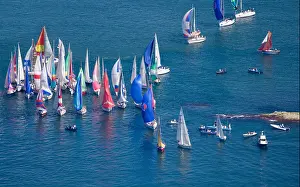 Hazard Prints: Aerial view of yachts rounding the Needles. Round the Island race. Isle of Wight. UK