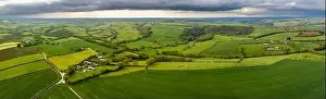 Aerial vista of rolling countryside near the village of Coldridge, Devon, England, United Kingdom, Europe