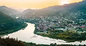 Blank Space Prints: Aerial wide view historical former Georgia capital Mtskheta city with valley and river background