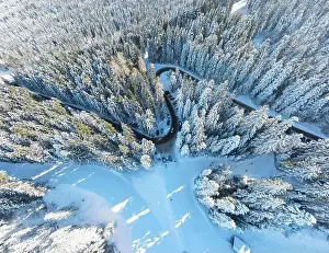 Aerial winter panorama of Rila Mountain near ski resort of Borovets, Sofia Region, Bulgaria