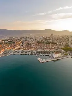 Magic Hour Prints: Aeril drone shot of Diocletian Palace in rising sun light morning in Split old town Croatia