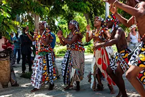 Angola Prints: Africa, Angola, Benguela. Group dancing in traditional dress