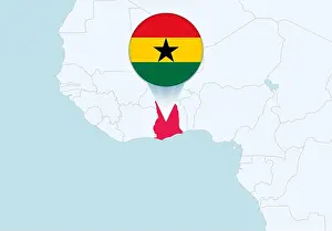 Ghana Prints: Africa with selected Ghana map and Ghana flag icon. Vector map and flag