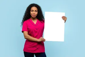 Check Up Prints: African American Female Nurse or Doctor in Pink Uniform holds Vertical Banner Blank Ad Space on Blue Background