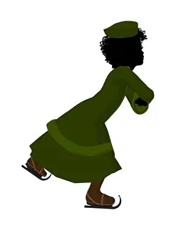 Yuletide Prints: African american victorian girl on ice skates silhouette on a white background