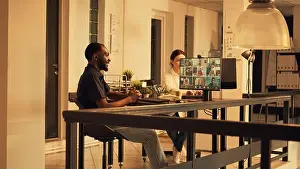 Telecommunications Prints: African american worker attending corporate videocall meeting