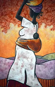 African Art Prints: African Art, Colourful Painting of African Woman With Baby on Display in the Hotel Corridor at Riu Touareg Boa Vista