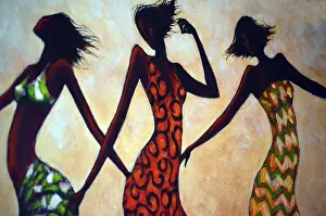 Females Prints: African Art, Painting of Three African Women Dancers on Display in the Hotel Corridor at Riu Touareg Cape Verde Islands