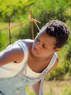 30 34 Years Prints: African short haired young black woman working and taking care of vegetables in the farm wearing denim dungarees